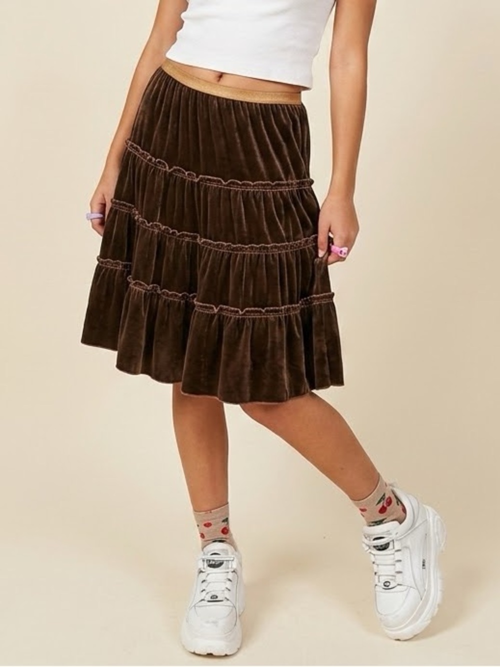 The Limited Y2K Vintage Velvet Knee Length Ruffle Skirt Brown A-Line Medium
